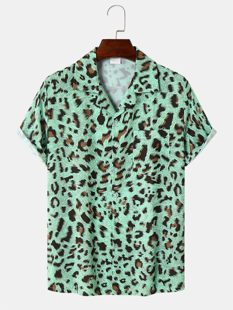 Mens Leopard Print Revere Collar Short Sleeve Shirts With Pocket