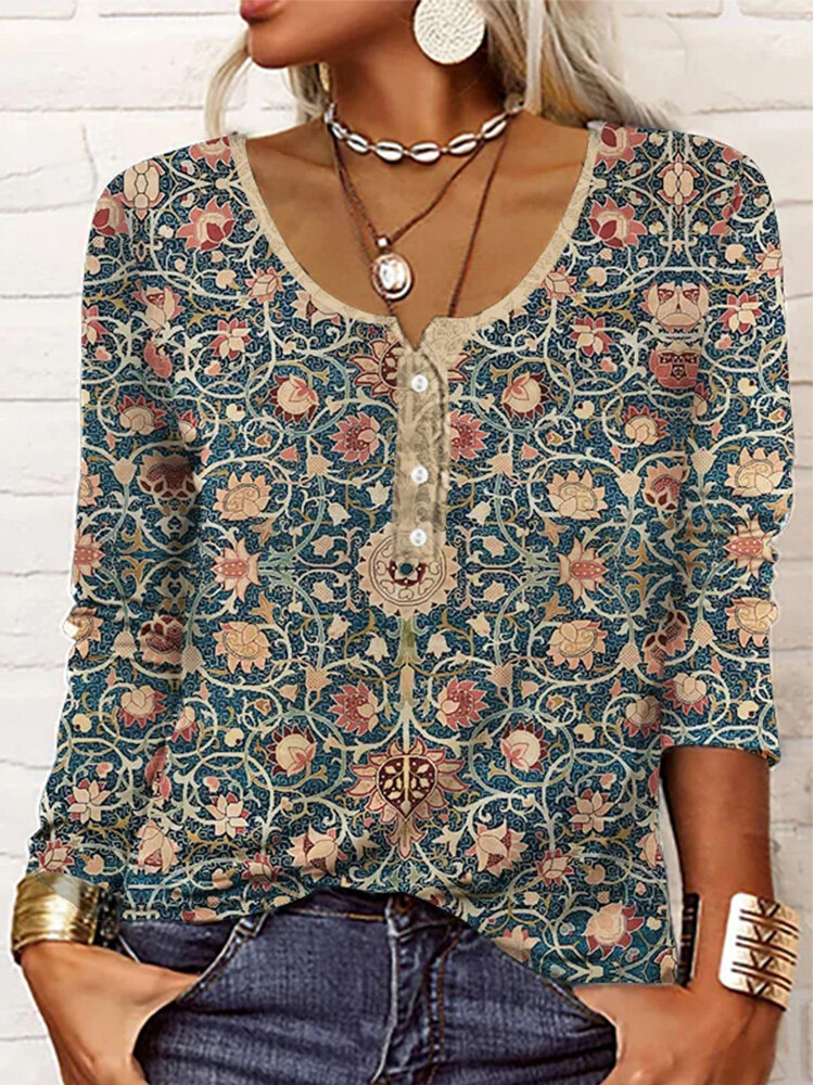 Women Ethnic Floral Print Quarter Button Long Sleeve T-Shirt