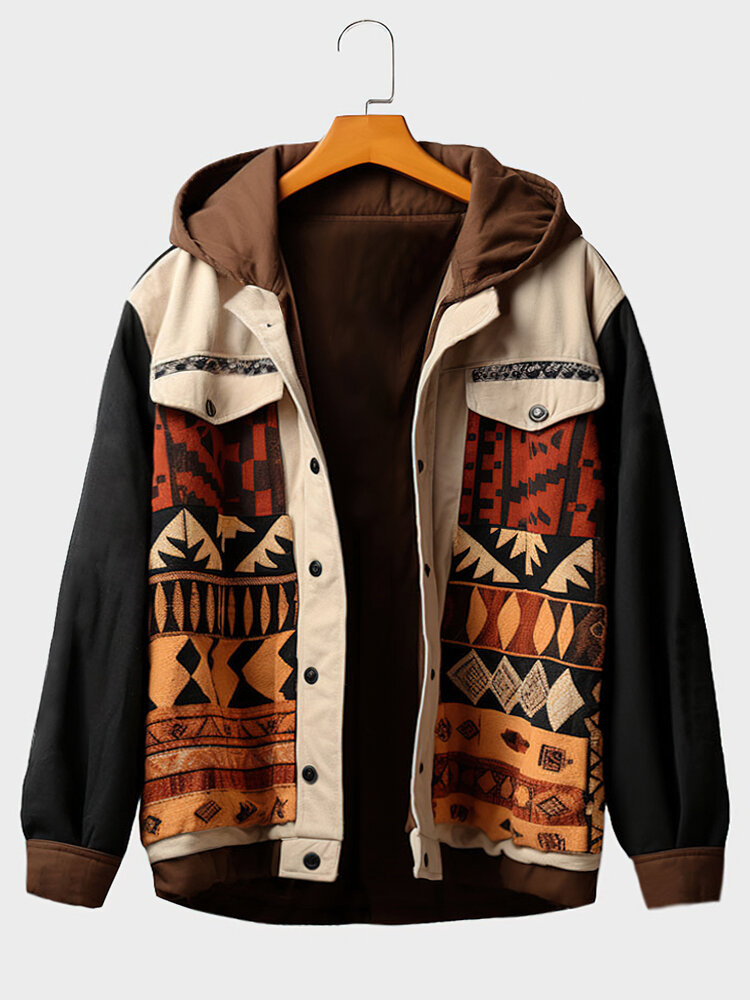 Mens Vintage Ethnic Geometric Print Patchwork Loose Hooded Jacket Winter