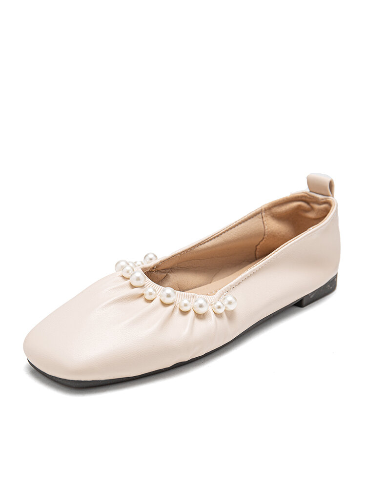 

Women Elegant Pearl Embellished Soft Comfy Square Toe Flat Shoes, Black;apricot;beige
