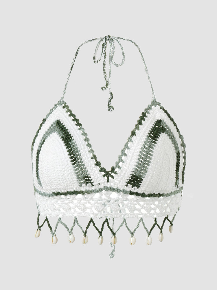 Knit Crochet Open Back Halter Tassel Bohemian Crop Top