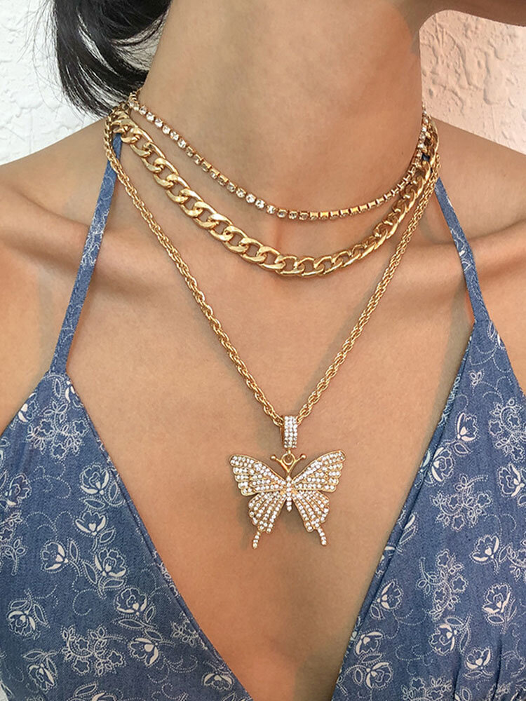 3 Pcs/Set Trendy Vintage Full Rhinestones Butterfly-shaped Pendant Geometric Chain Alloy Multi-layer Necklace