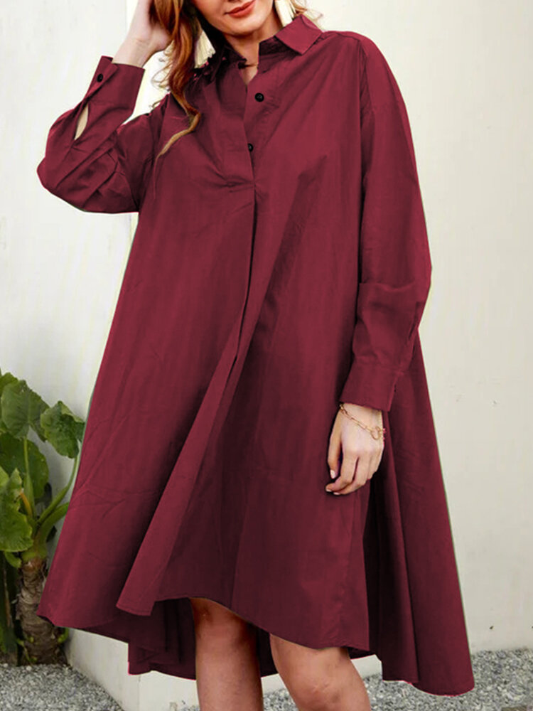 Casual A-Line Solid Color Pleated Long Sleeve Irregular Shirt Dress