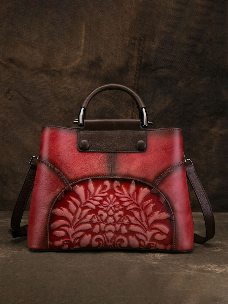 Genuine Leather Retro Stitching Embossed Hand-polished Color Large-Capacity Handbag