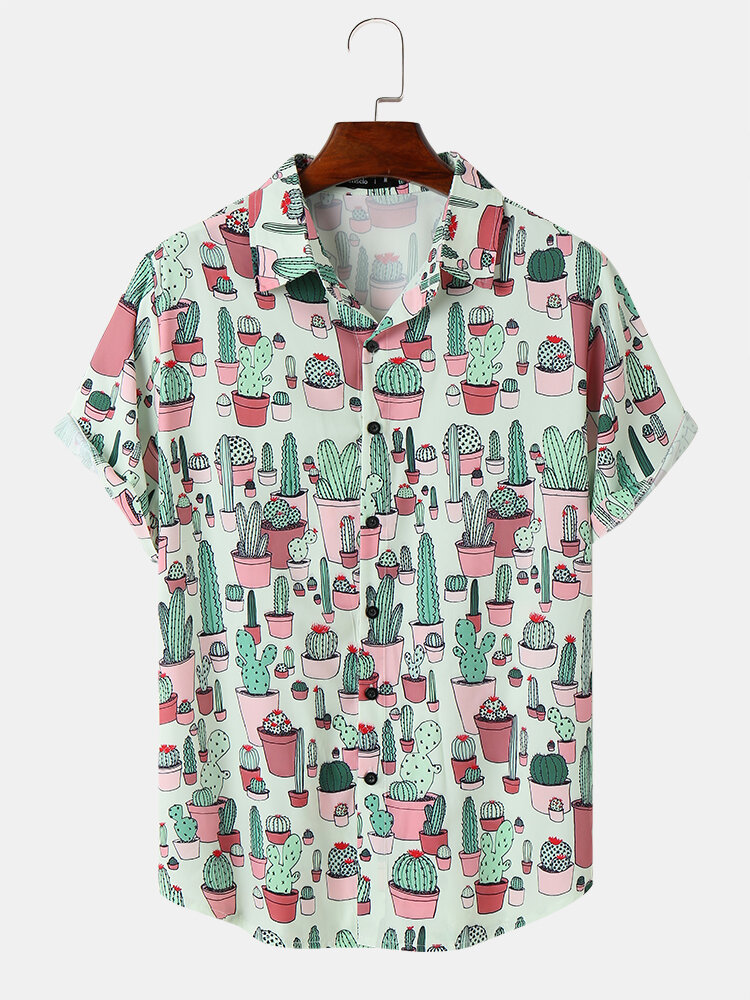 Mens All Over Cactus Print Button Up Short Sleeve Shirts