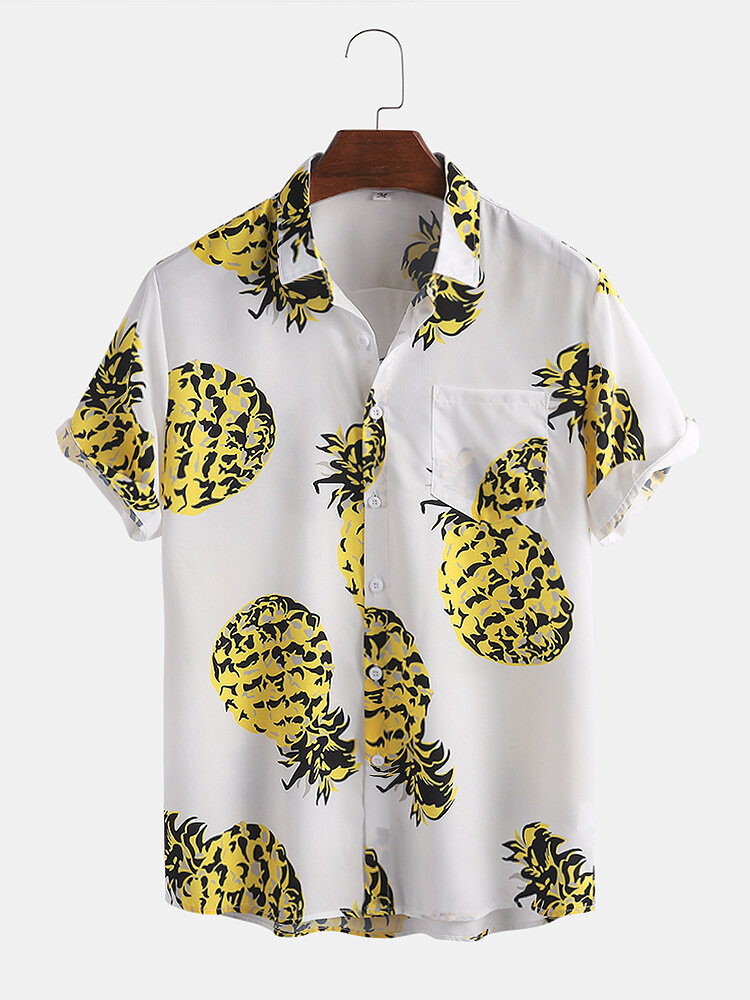 Mens Pineapple Pattern Printed Chest Pocket  Loose Short Sleeve Shirts