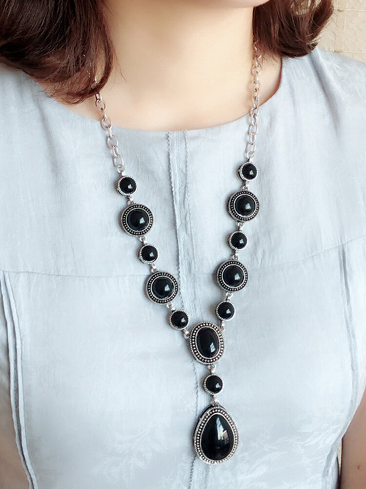 Bohemian Vintage Turquoise Drop-Shape Necklace Adjustable Chain Pendant Necklace Womens Jewelry