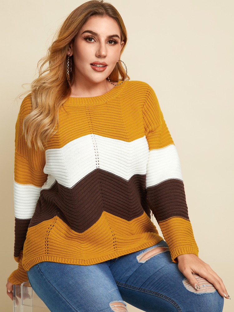 Striped Print O-neck Long Sleeve Plus Size Sweater for Women