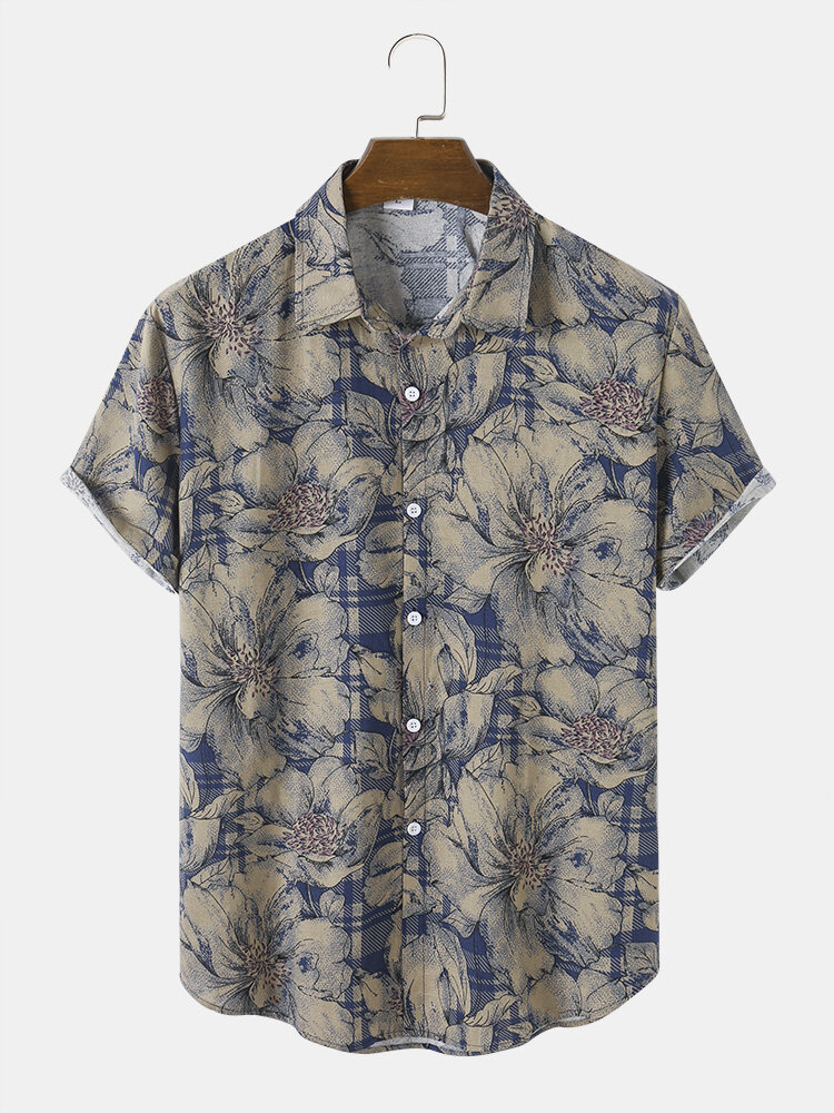 Mens Floral Plaid Print Lapel Vintage Short Sleeve Shirts