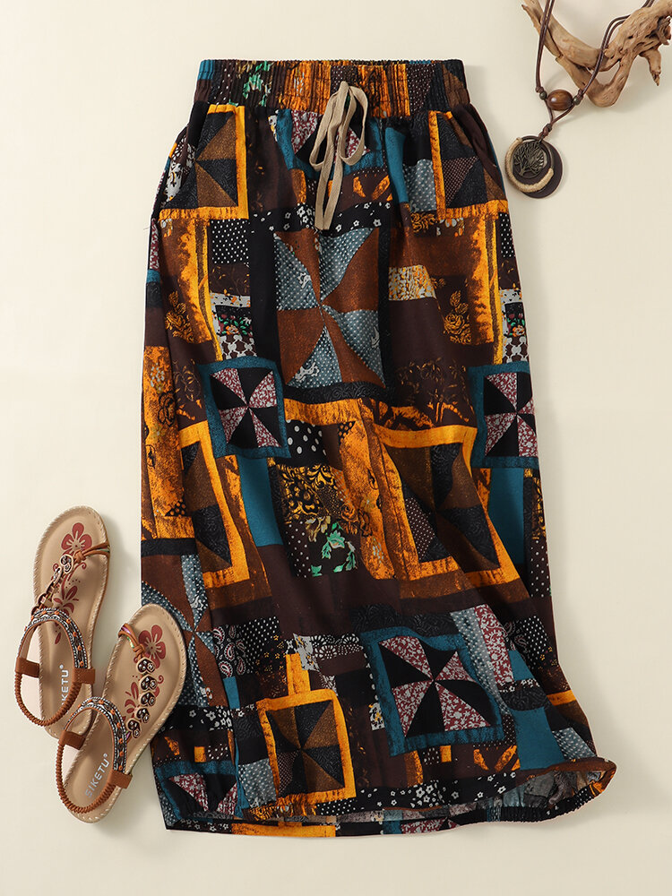 Ethnic Pattern Print Drawstring Waist Vintage Skirts with Pocket