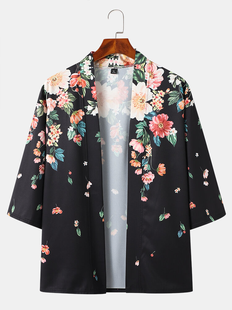 Mens Floral Printed Open Front Holiday Loose 3/4 Sleeve Kimono