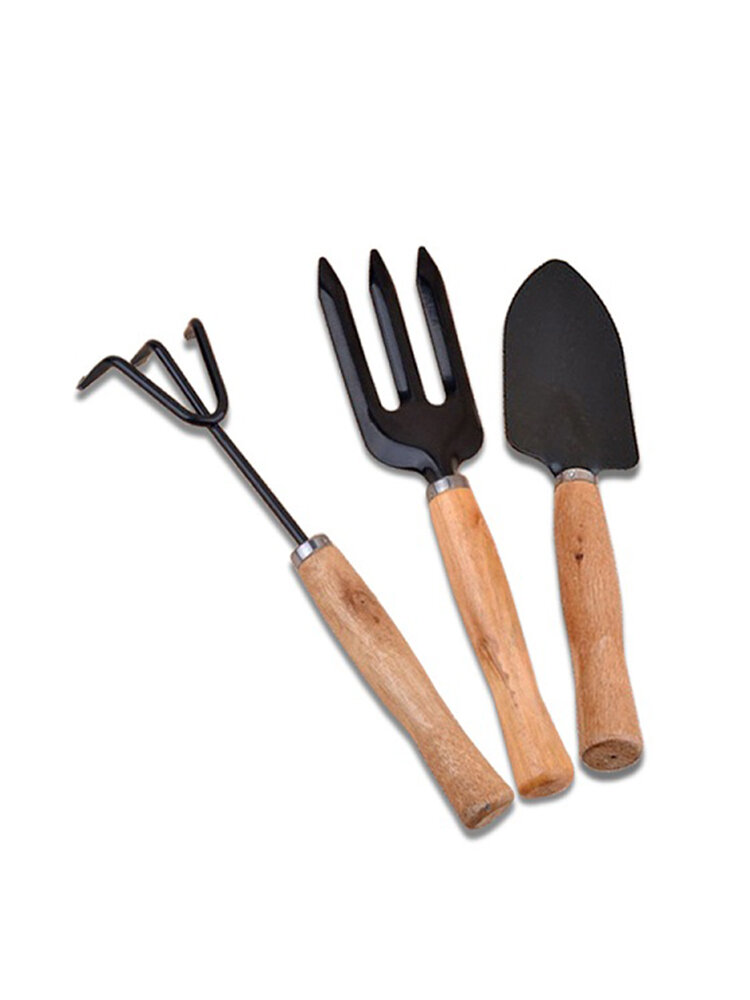 3pcs outils à main de jardin ensemble fer pelle de jardinage bêche râteau truelle poignée en bois