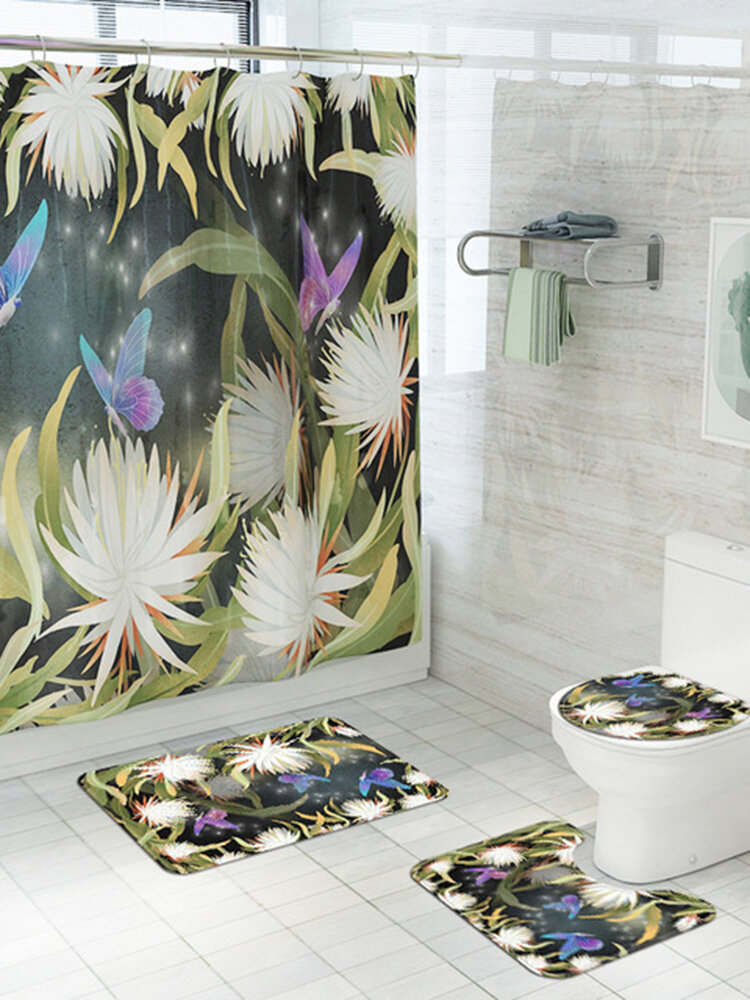 Butterfly Flower Print Shower Curtain Tet Mat Carpet Combination Set Bathroom Decoration