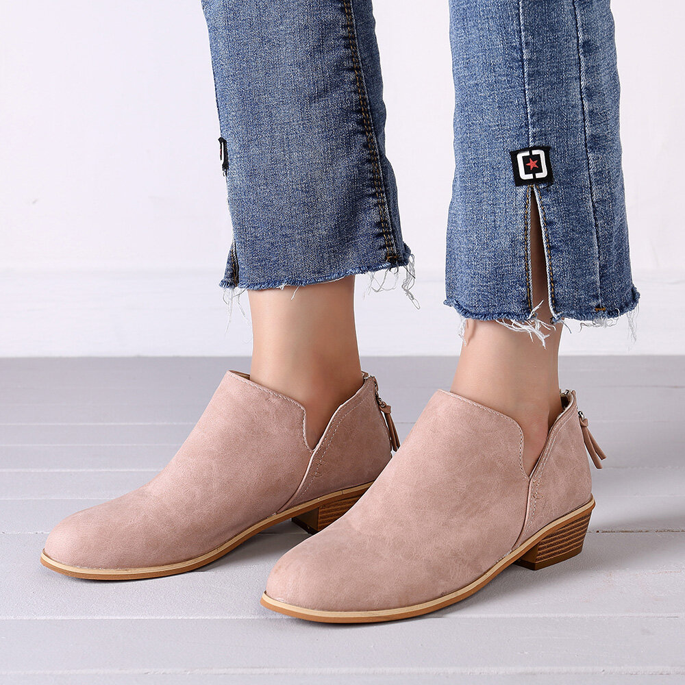 Large Size Women Casual Solid Color Zipper Low Heel Ankle Boots