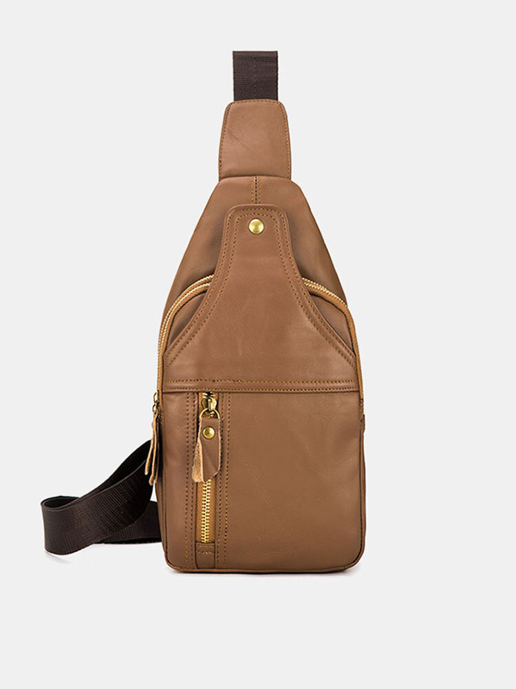 Men Genuine Leather Retro Large Capacity  Crossbody Bag Chest Bag Sling Bag