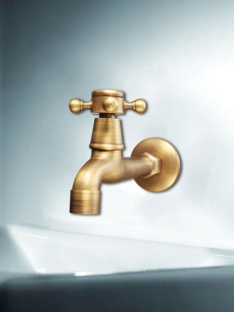 Antique Brass Wall Mounted Cross Handle Water Faucet Garden Bathroom Water Tap 