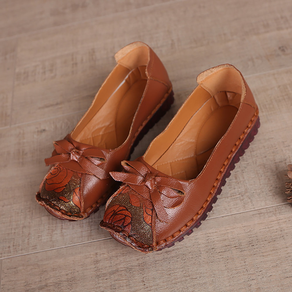 Leather Pattern Bowknot Slip On Soft Sole Casual Flat Loafers