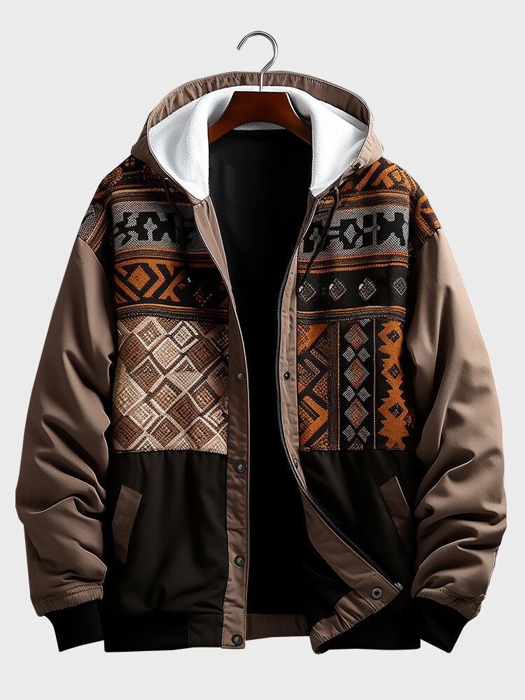 Mens Ethnic Geometric Pattern Patchwork Drawstring Hooded Jacket Winter