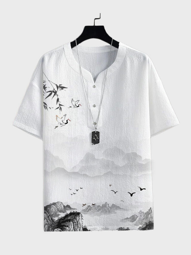 

Mens Chinese Crane Landscape Ink Painting Notched Neck Texture T-Shirts, White