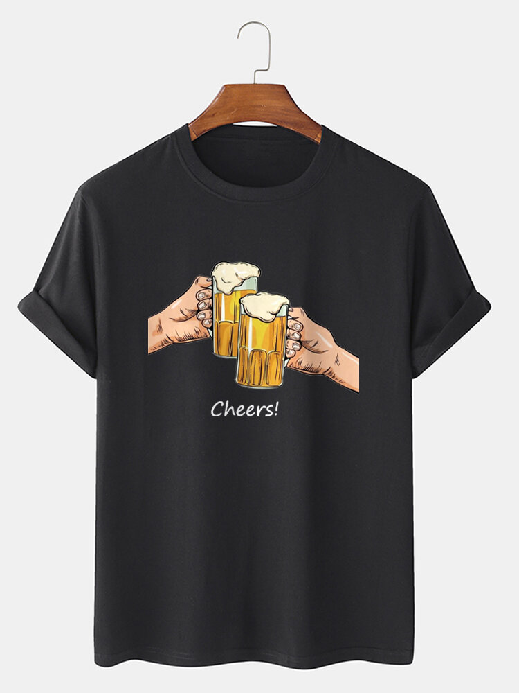Mens Beer Cheers Graphic Crew Neck Cotton Short Sleeve T-Shirts