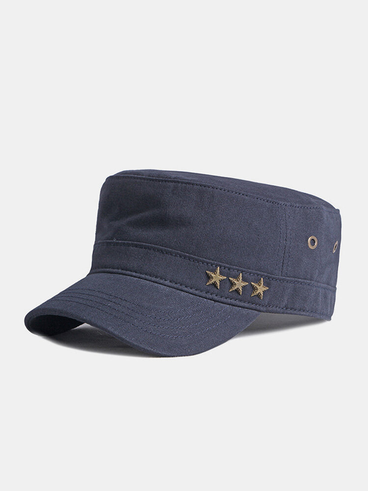 Men Cotton Solid Color Five-pointed Star Shape Metal Label Casual Sunscreen Military Cap Flat Cap
