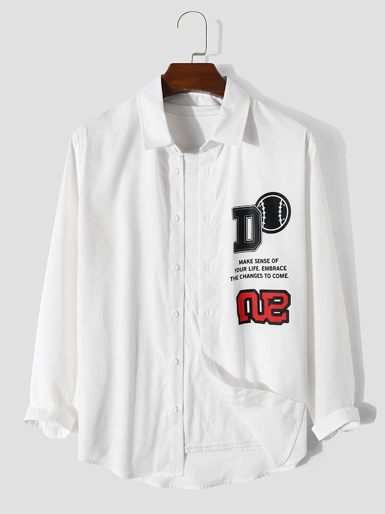 Mens Letter Slogan Printed Button Up Street Long Sleeve Shirts