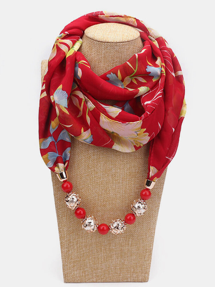 Bohemian Printed Chiffon Multi-layer Necklace Handmade Beaded Tassel Pendant Scarf Necklace