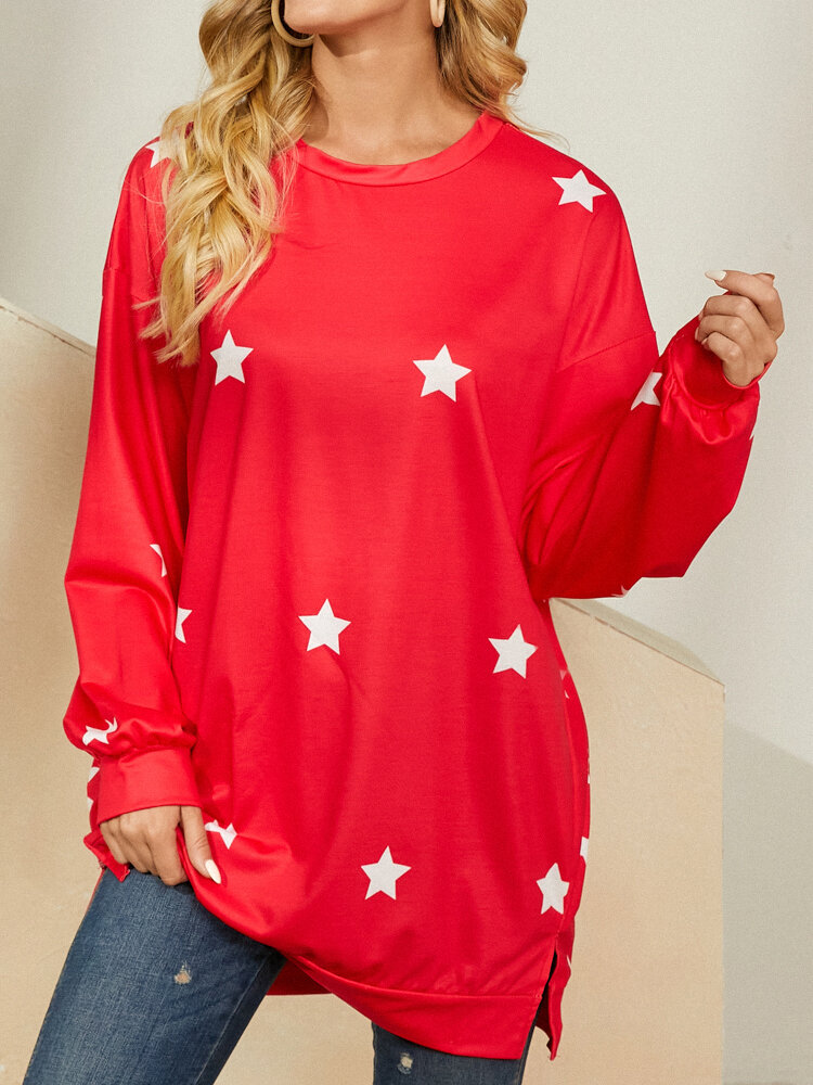 

Stars Print Long Sleeve Side Slit Loose Plus Size Sweatshirt, Red