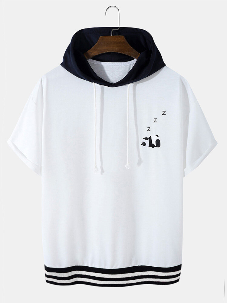 Designer Mens Cartoon Panda Embroidery Patchwork Ribbed Hem Short Sleeve Hooded T-Shirt