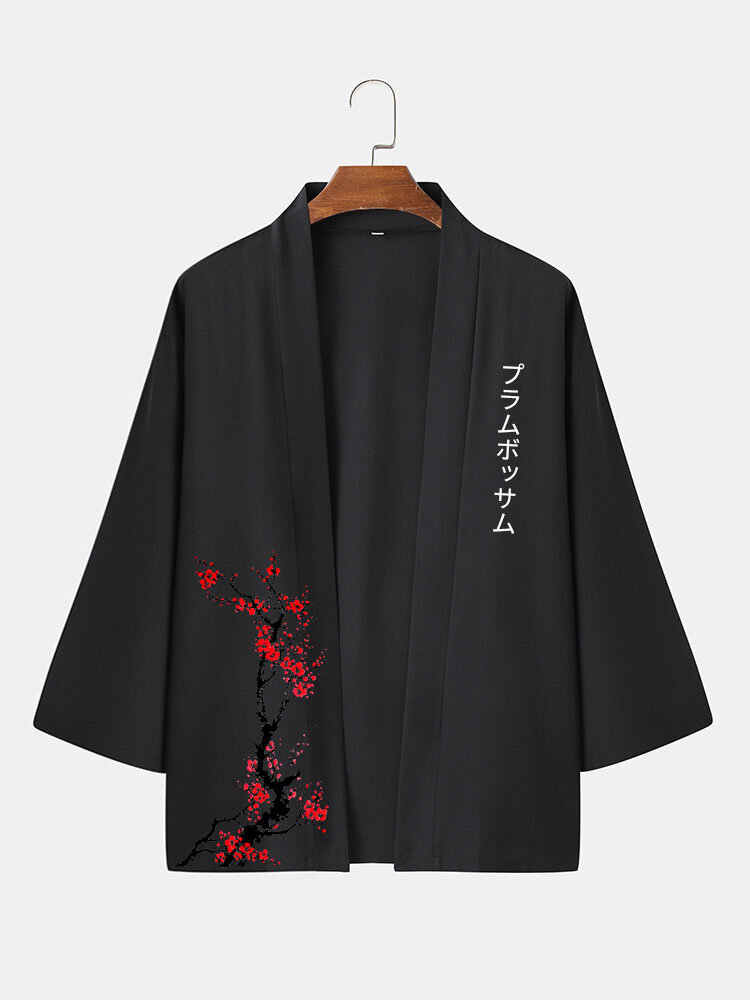 Mens Plum Bossom Japanese Print Open Front Loose Black Kimono