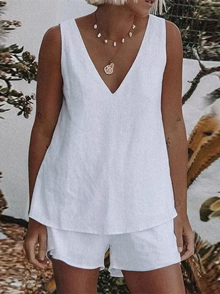 Women Solid V-Neck Sleeveless Tank Casual Cotton Co-ords