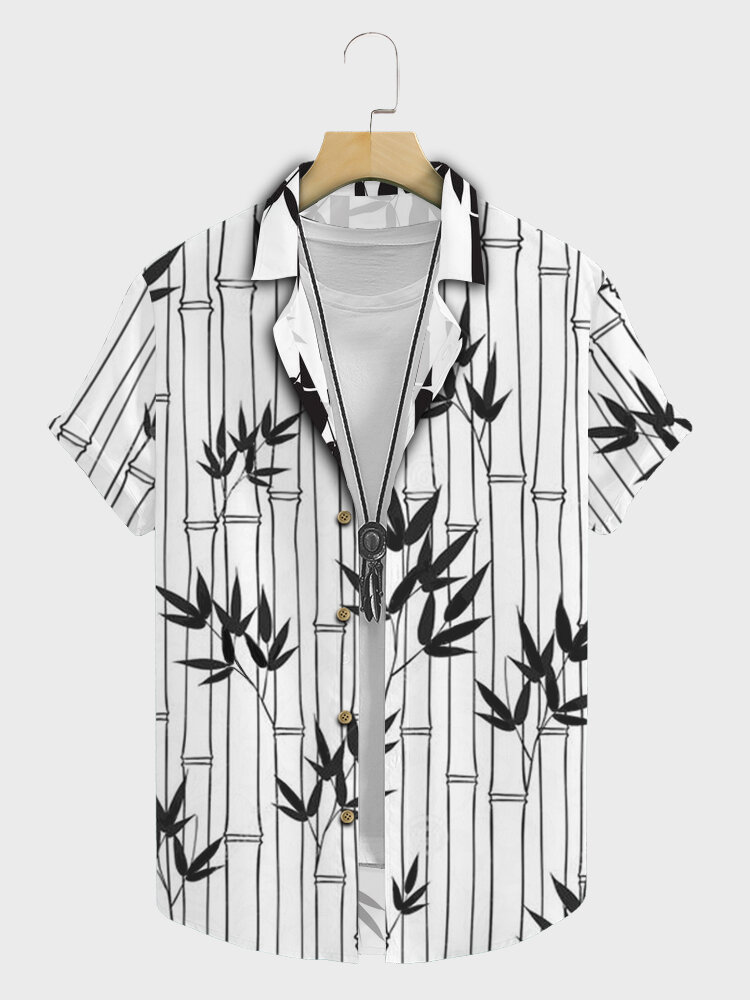

Mens Bamboo Print Revere Collar Short Sleeve Shirts, White
