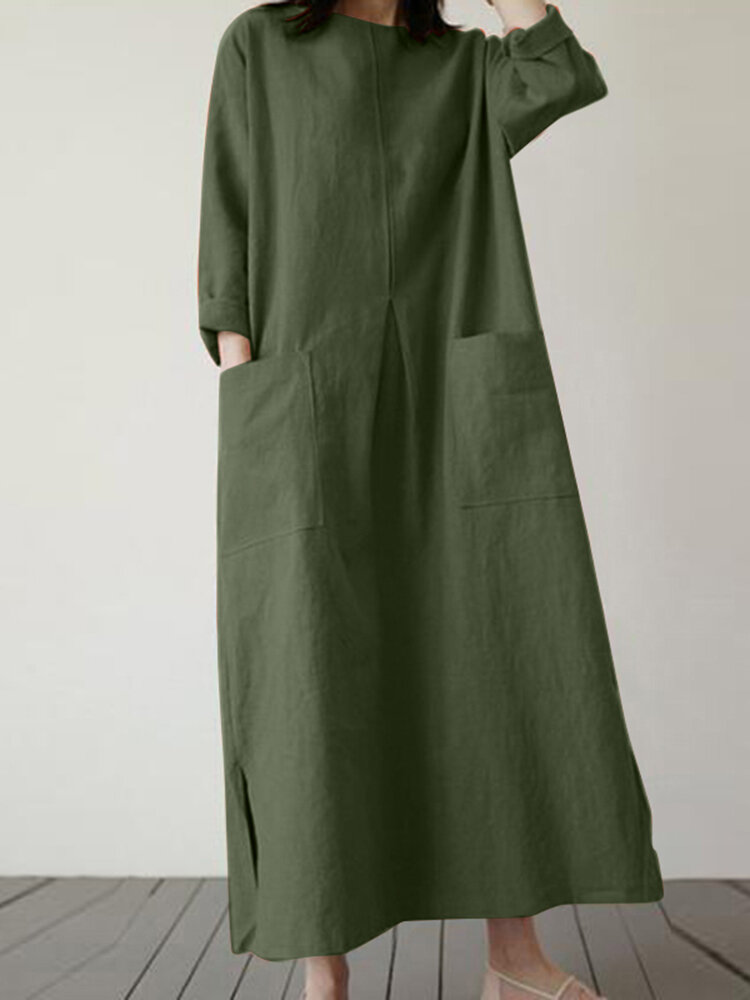 Solid Dual Pocket Slit Hem Crew Neck Vintage Dress