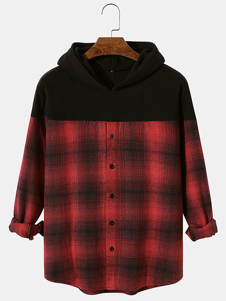Mens Patchwork Plaid Button Up Long Sleeves Shirt Casual Hoodies