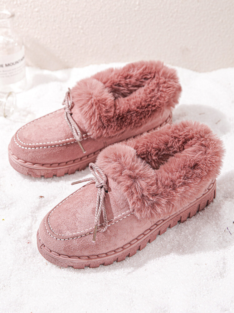 Women Casual Warm Plush Bowknot Design Elastic Slip-on Snow Ankle Boots