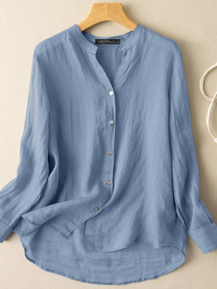 Solid Long Sleeve Button Front Casual Women Blouse