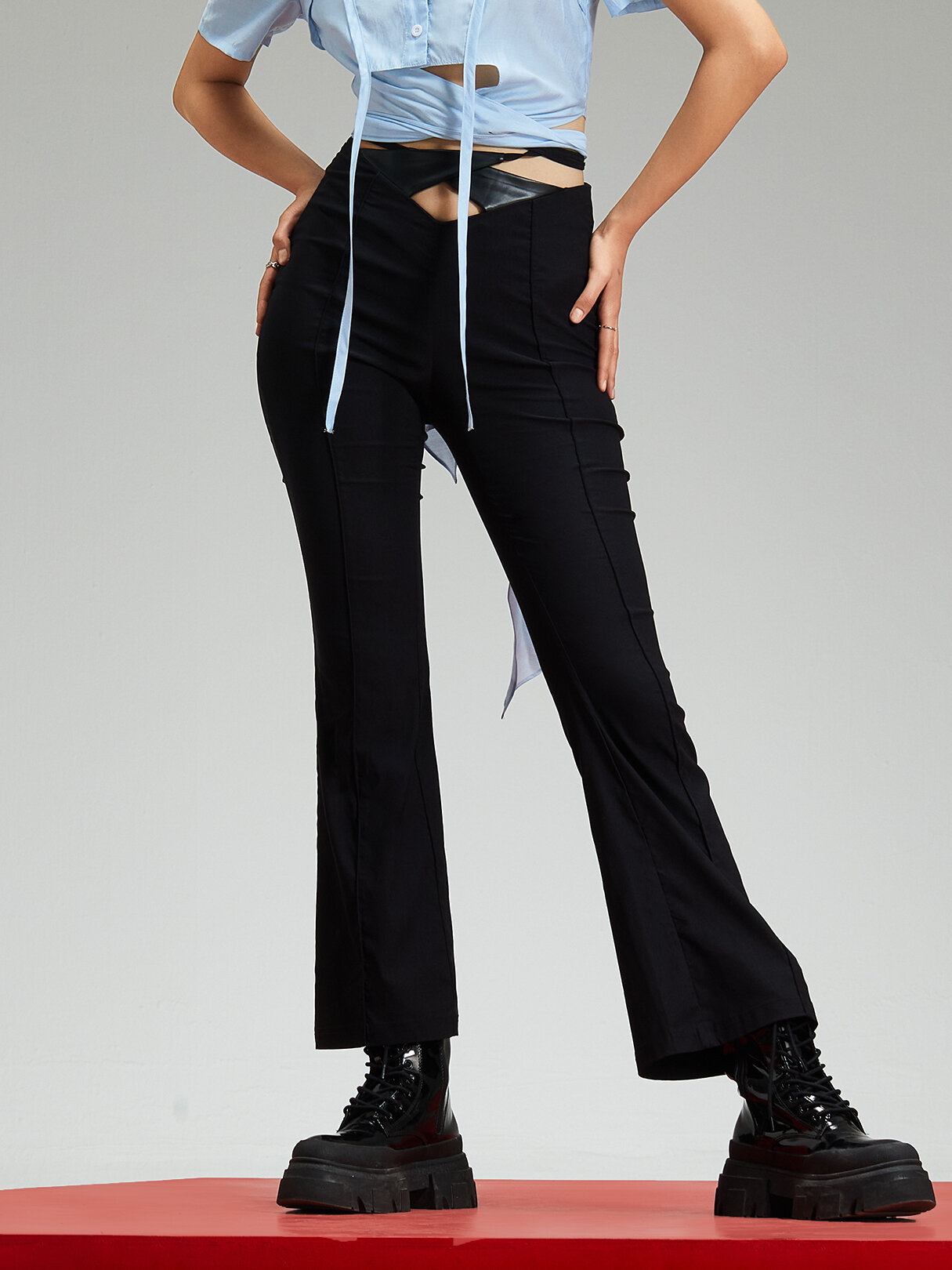 Solid Cut Out Lace Up Invisible Zip Flare Leg Pants