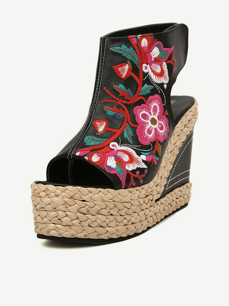 

Floral Print Weave Knitting Embroidery National Wind Peep Toe Platform Sandals, Black