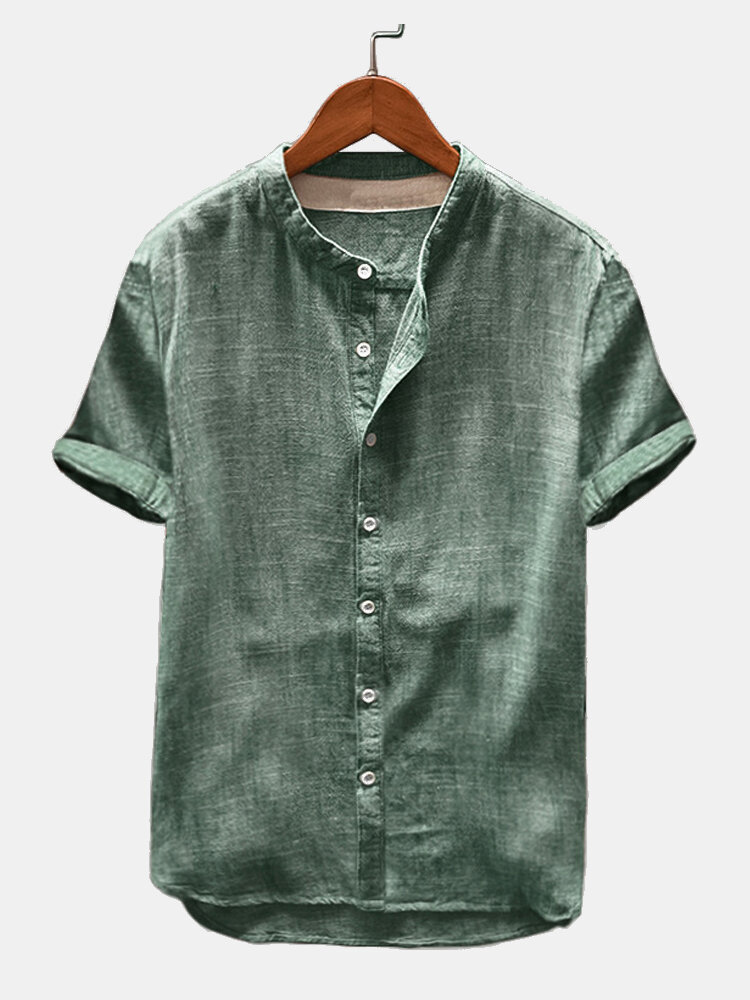 Mens Cotton Linen Breathable Vintage Short Sleeve Shirts
