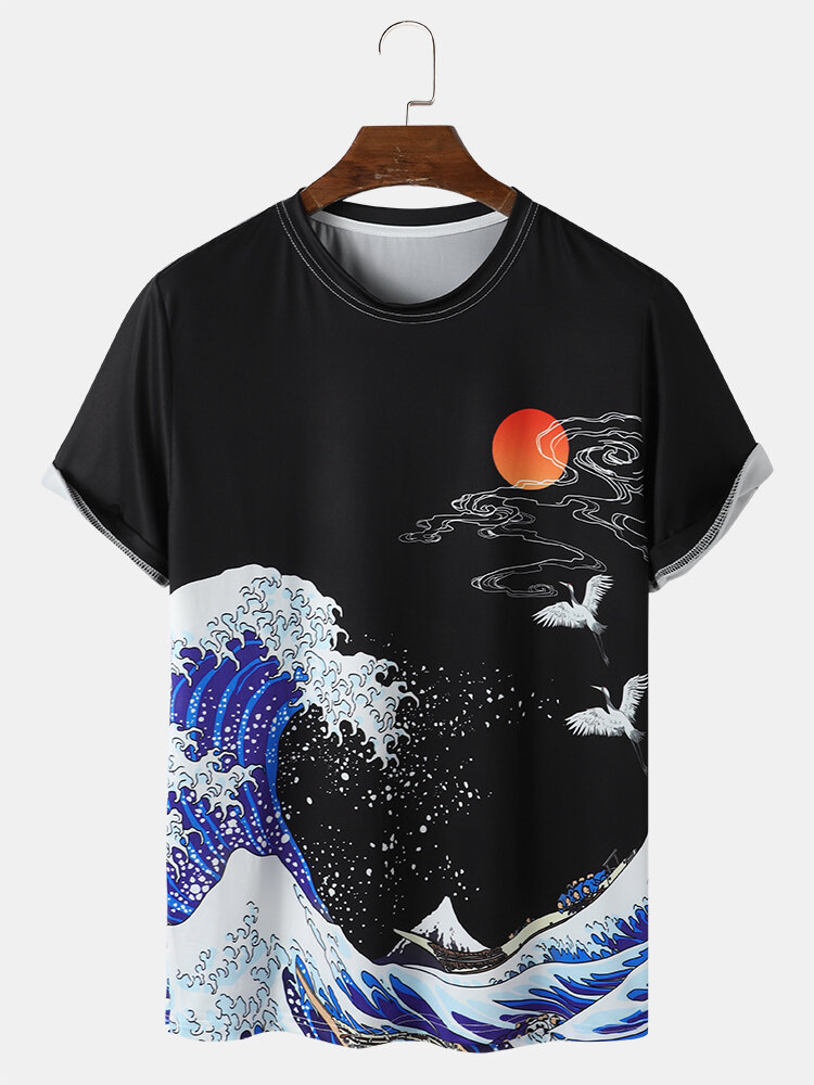 Mens Waves Print Ukiyoe Short Sleeve Street T-Shirt