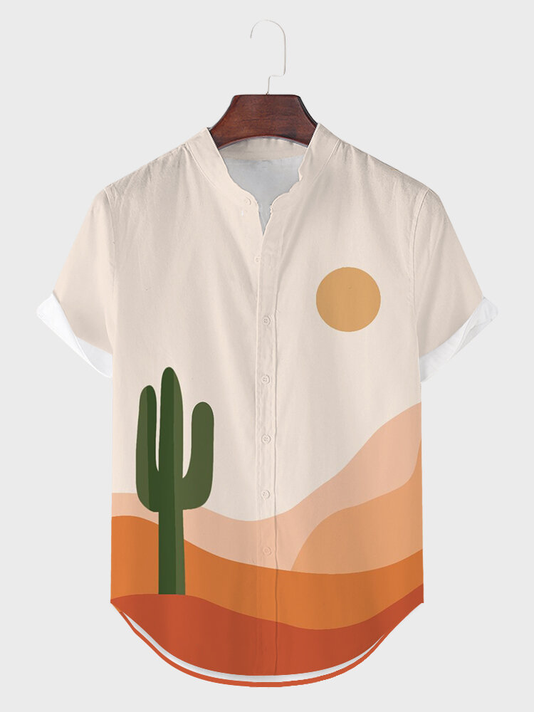 Camisas de manga corta con dobladillo curvo y estampado de paisaje de cactus para hombre
