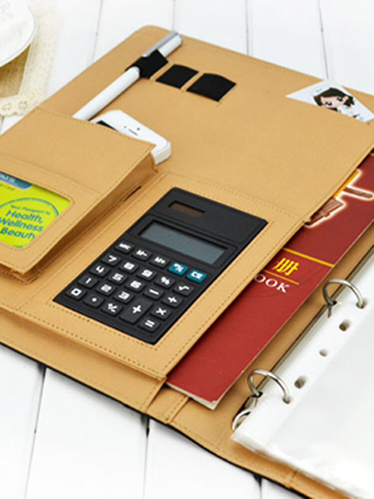 

A4 Imitation Leather 3 Hole Folder Business Manager Multilayer Folder With A Calculator, Blue;black;coffee