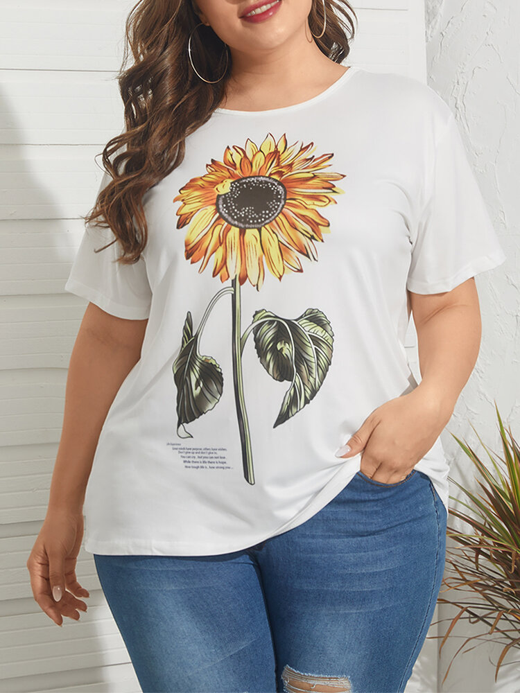 Sunflowers Letter Print Short Sleeve O-Neck Plus Size Casual T-shirt