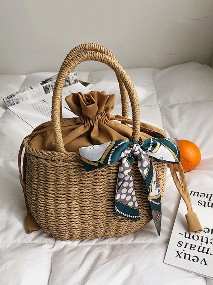 Elegant Rural Style Straw Weave Handbag Silk Scarf Decorate Wear-resisting Shopping Basket