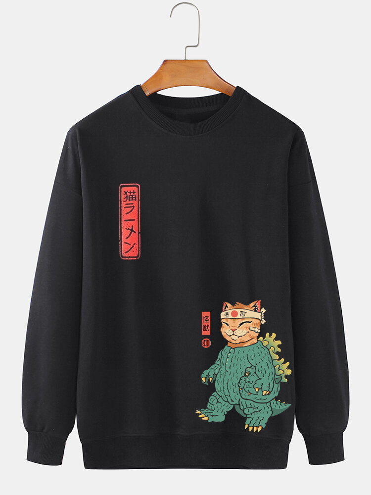 ChArmkpR Mens Japanese Cartoon Cat Print Crew Neck Pullover Sweatshirts Winter