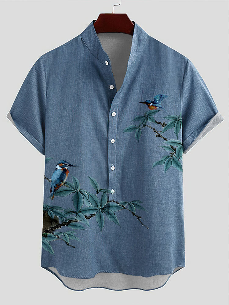 Mens Bird Plant Print Half Button Cotton Henley Shirts