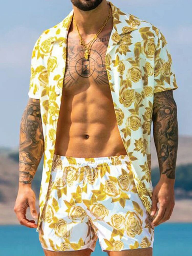 Terno masculino manga curta floral Havaí de duas peças