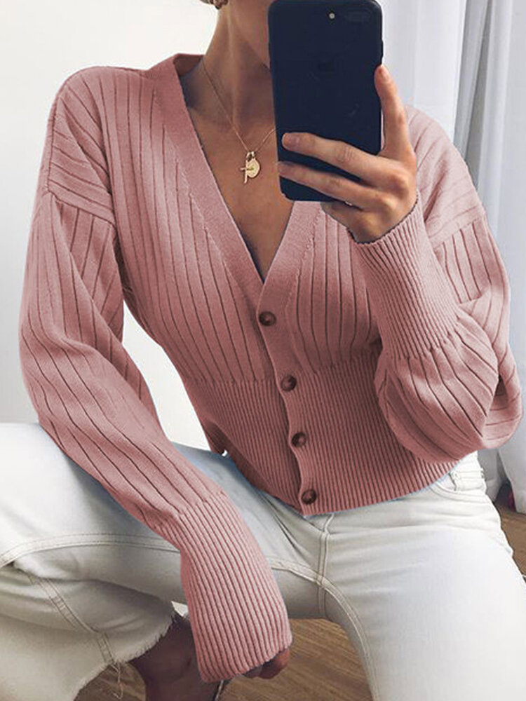 Solid Color Pleated V-neck Button Long Sleeve Cardigan