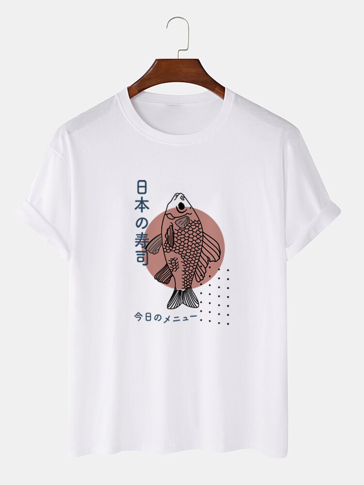Mens Japanese Fish Print Crew Neck Short Sleeve T-Shirts