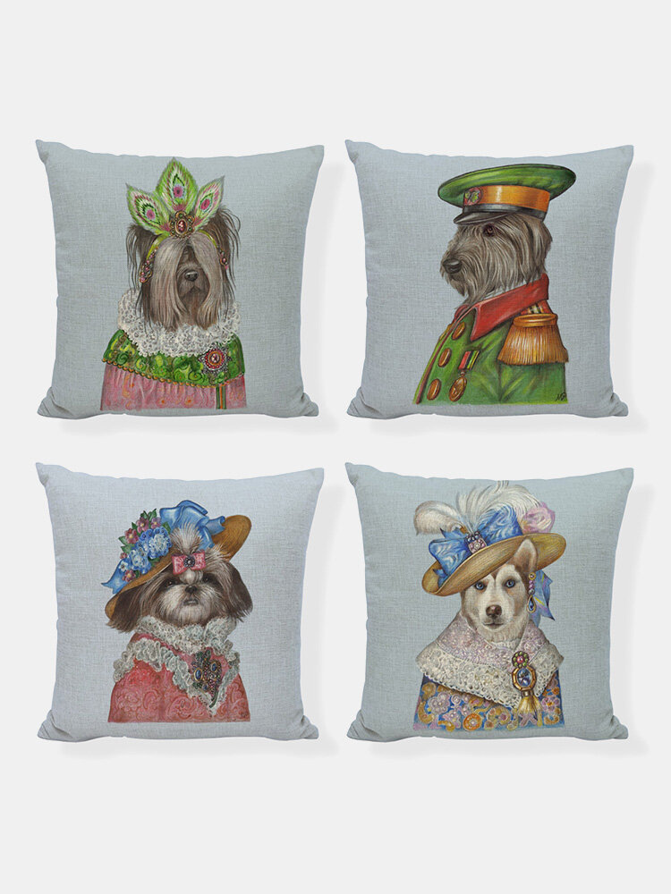 

4PCS Dog Cat Animal Cosplay Role Playing Pattern Personification Noble Funny Creative Linen Cushion Cover Home Sofa Couc